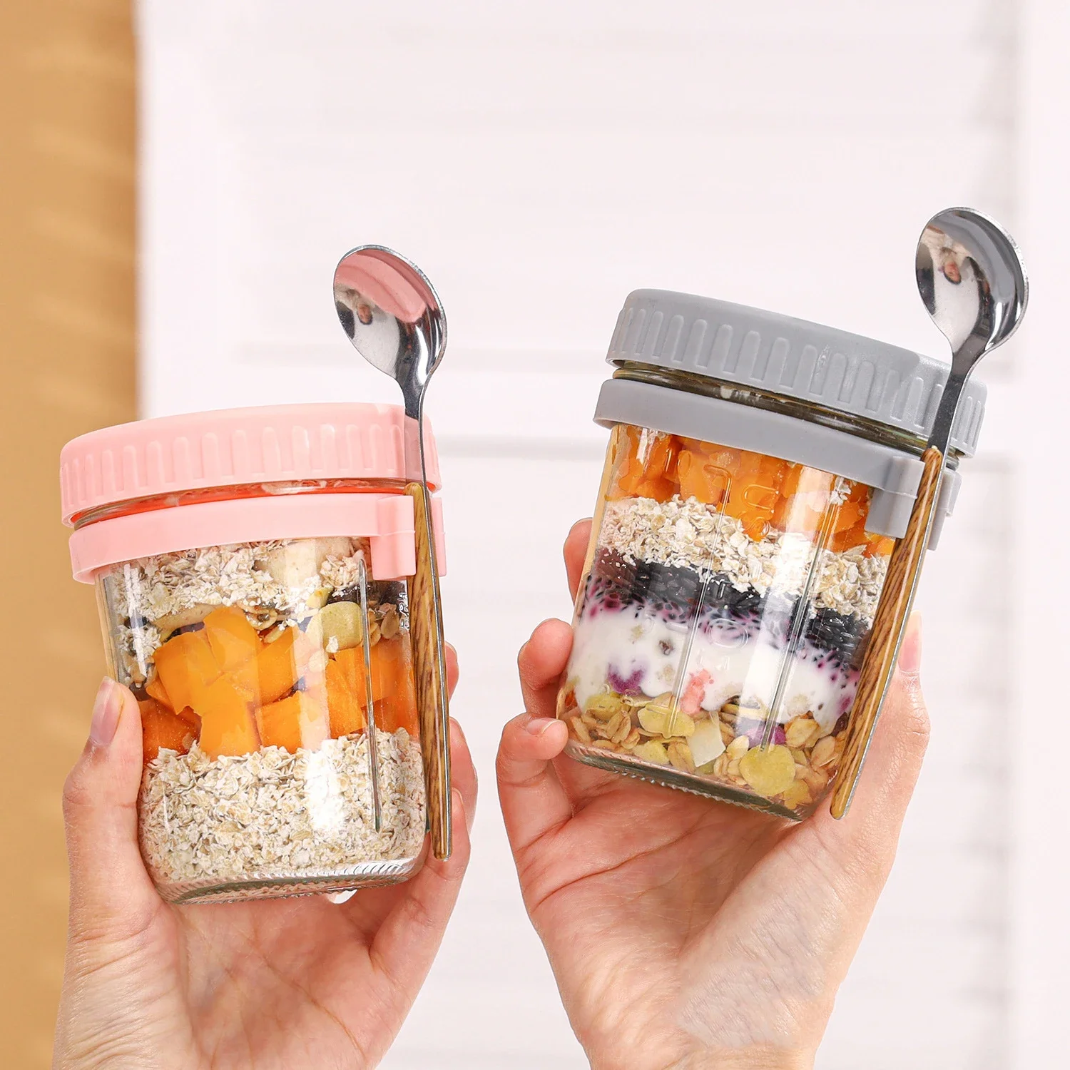 Baby Food Glass Jar - Portable Cereal Breakfast Cups Overnight Oat
